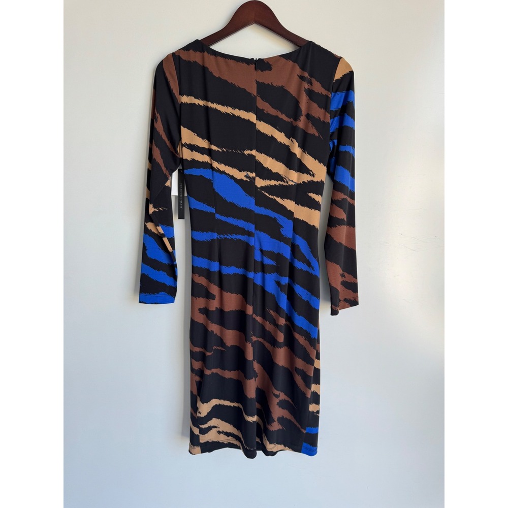 David Meister Blue Brown Tiger leopard Ruched Sheath Dress Pencil Size 6 NEW lux